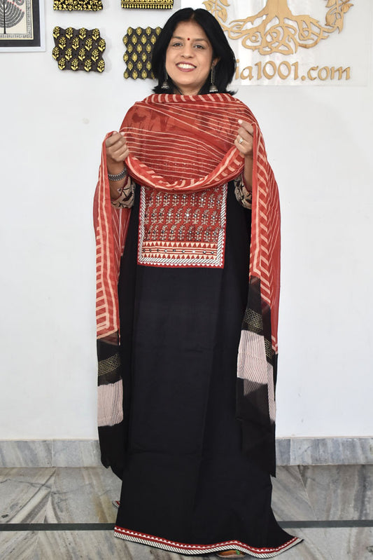 Designer Hand Block printed Cotton suit with chiffon dupatta
