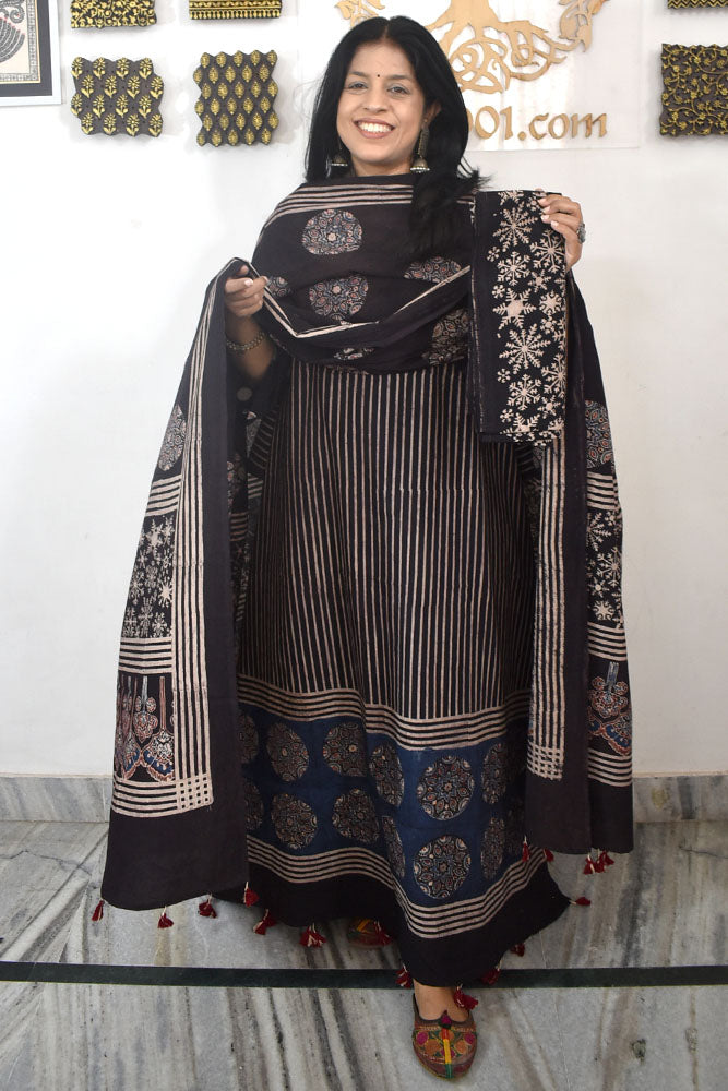 Designer Ajrakh Cotton kurta with  panel design & Cotton dupatta - 3 piece set