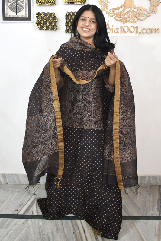 Beautiful Pure Linen Ajrakh  Hand Block Print Suit