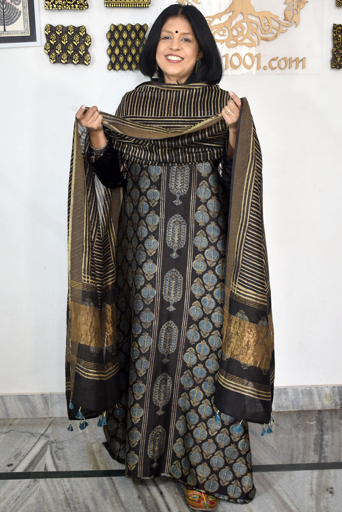 Beautiful Hand Block printed Kutch Ajrakh Chanderi Kurta and Lagdi patta dupatta set