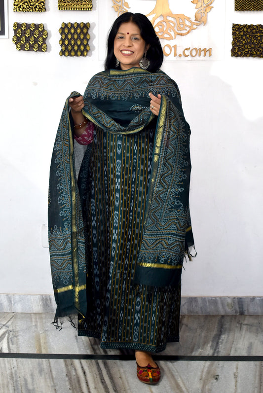Handwoven Sambalpuri ikkat Cotton kurta with Chanderi Dupatta & Cotton Bottom - 3 pc set
