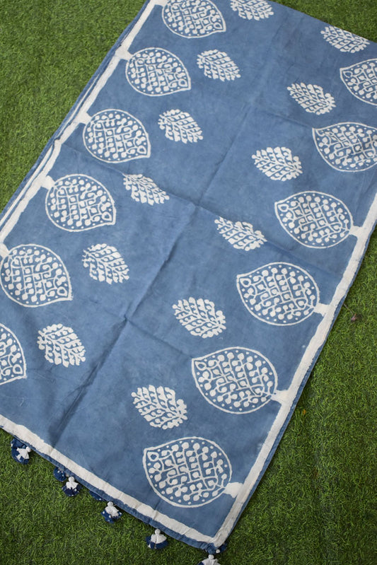 Elegant Hand block printed Cotton stole with cloth tassels