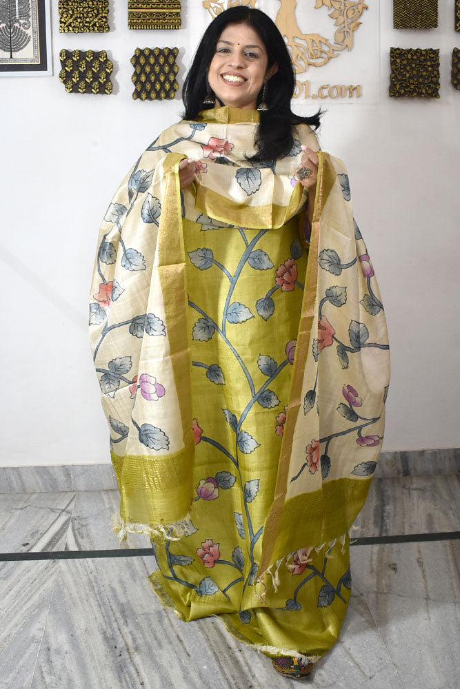 Beautiful Hand Block printed Tussar Silk Kurta Dupatta Set