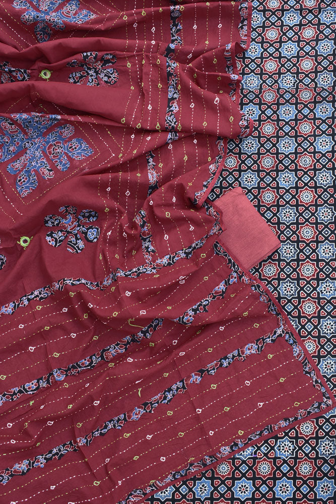 Beautiful Ajrakh Cotton Unstitched Suit with Heavy Embroidery & Applique Work dupatta