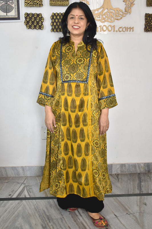 Beautiful Mashru Silk Kurta with Ajrakh block print  - Size 40 - 48