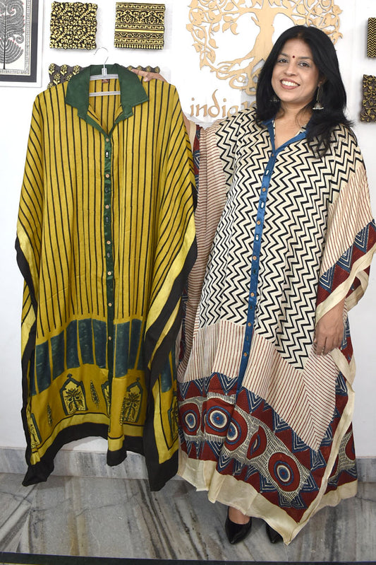 Beautiful Hand Block Printed Ajrakh Modal Silk Kaftan, Size 38 to 50