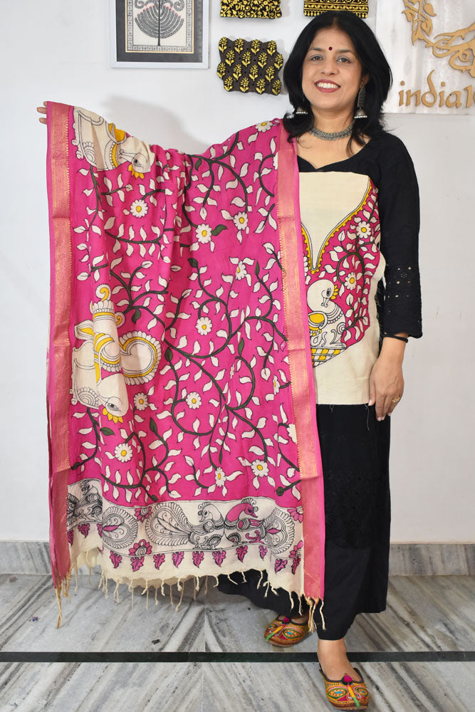 Beautiful Hand Painted Pen Kalamkari Dupatta & patch in Bangalore silk