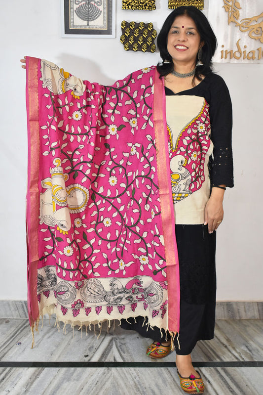 Beautiful Hand Painted Pen Kalamkari Dupatta & patch in Bangalore silk