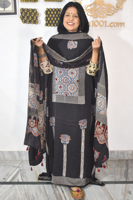 Designer Ajrakh Modal Silk kurta with  panel design & Mirror work & modal silk dupatta - 2 piece set