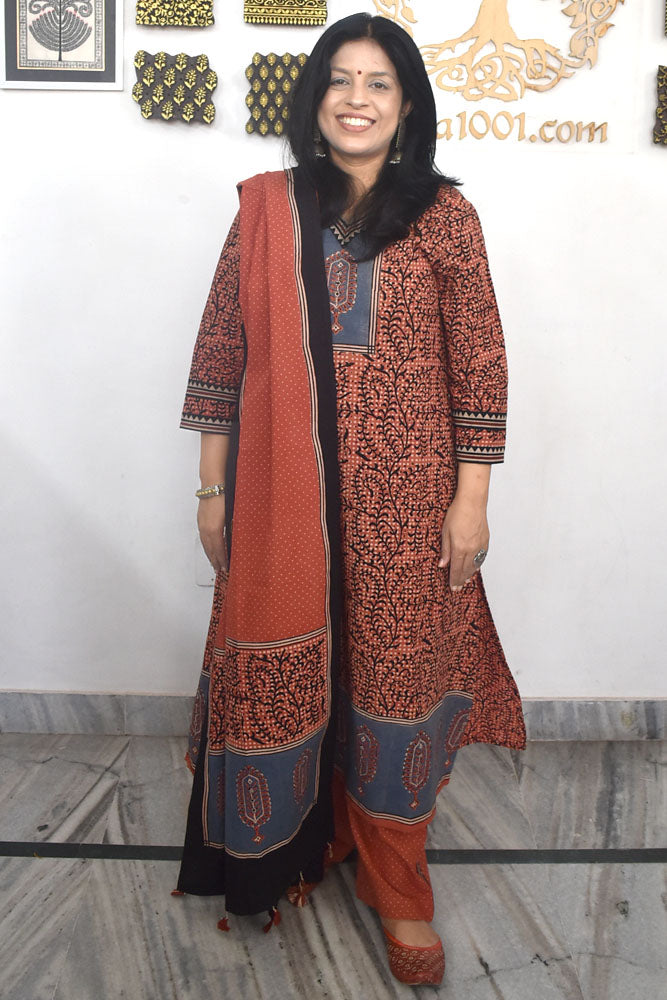 Ajrakh Hand Block Printed stitched 3 pc Cotton suit - 38 size