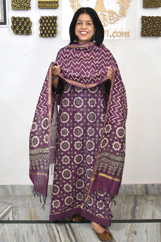 Elegant Hand Block print cotton suit with Schiffli work & Chanderi dupatta