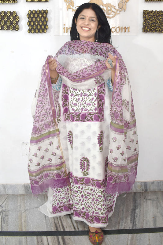Designer Hand Block Print Cotton suit with Chanderi dupatta