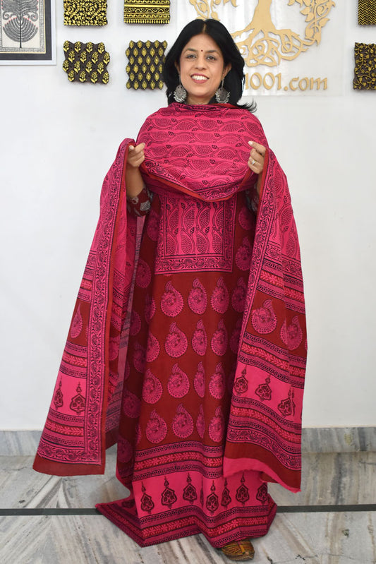 Bagh Hand Block Printed unstitched 3 pc Cotton suit fabric with Placement block print from MP