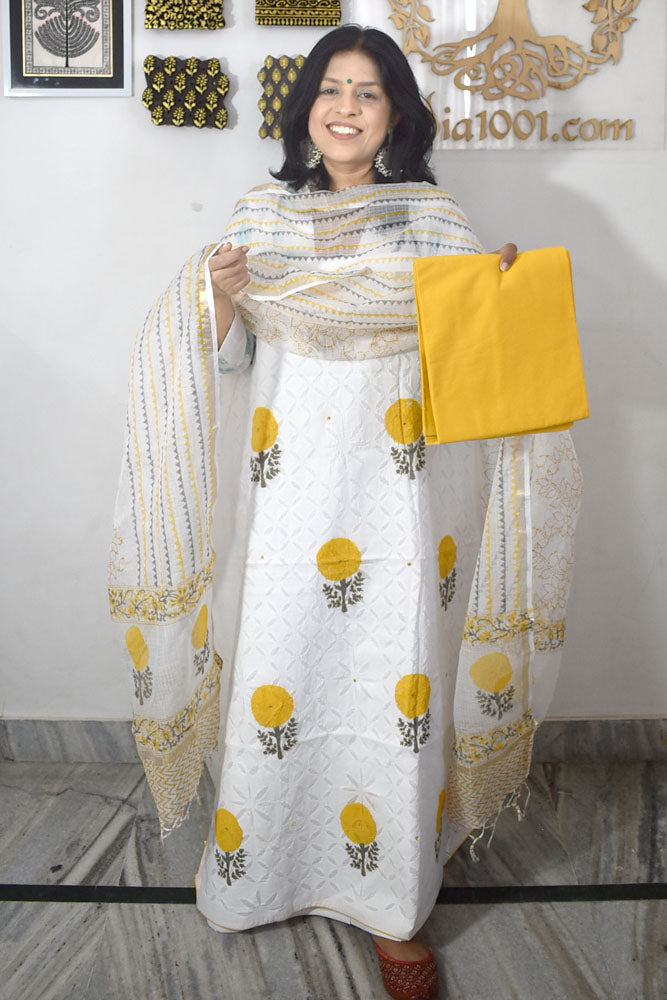 Beautiful Hand Block Printed Cotton Unstitched Suit Fabric with Applique & Kota  dupatta With Cotton bottom