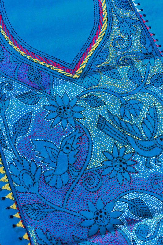 Hand Embroidered Nakshi Kantha work cotton fabric - (Length 2.8 mtrs, )