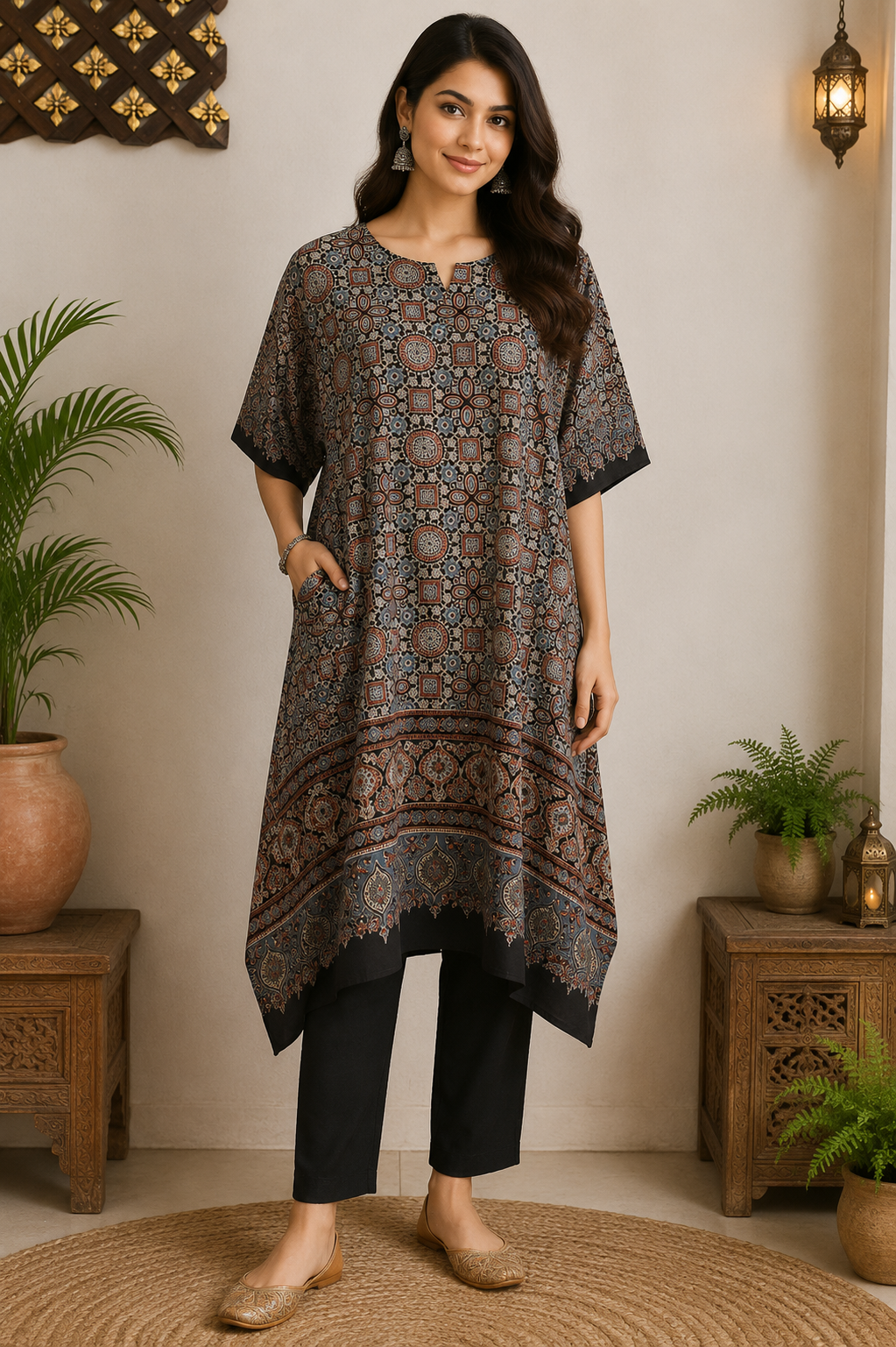 Beautiful Hand Block Printed Ajrakh Cotton Kaftan Kurta, Free Size