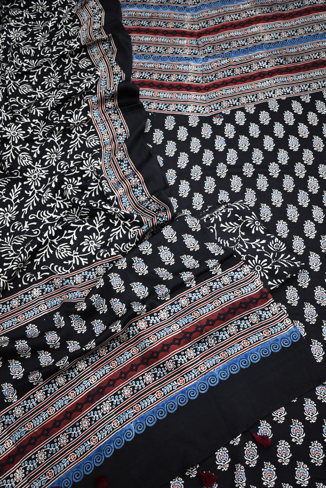 Designer Ajrakh Modal Silk Unstitched suit with  panel design, Ajrakh Dupatta & Bottom- 3 piece set