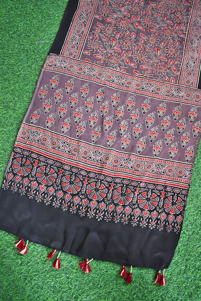 Beautiful Hand Block Printed Ajrakh Modal Silk stole with Tassels