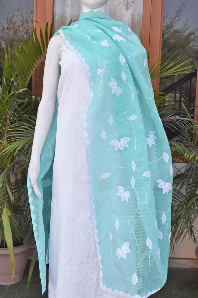 Elegant White Jacaurd Cotton fabric with Hand Phool Patti work dupatta - 2 pc set