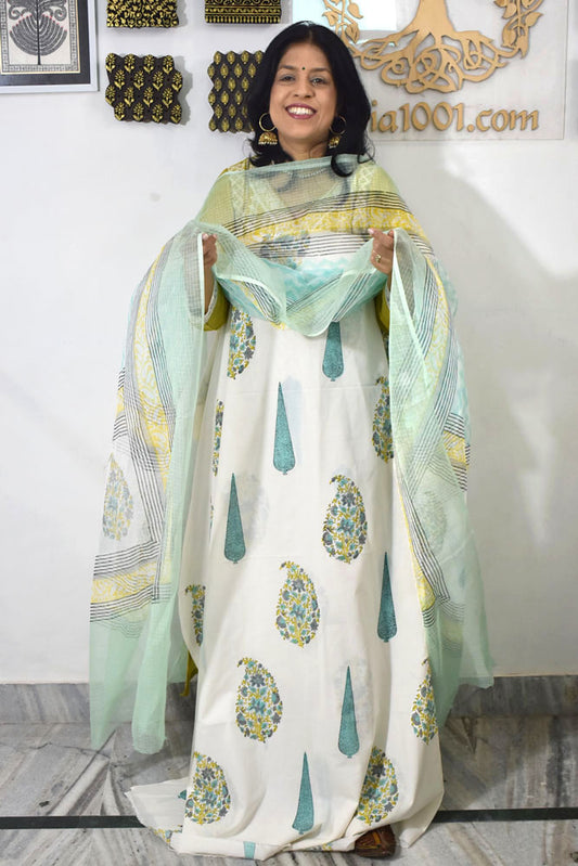 Designer Hand Block Print Cotton suit with Kota dupatta