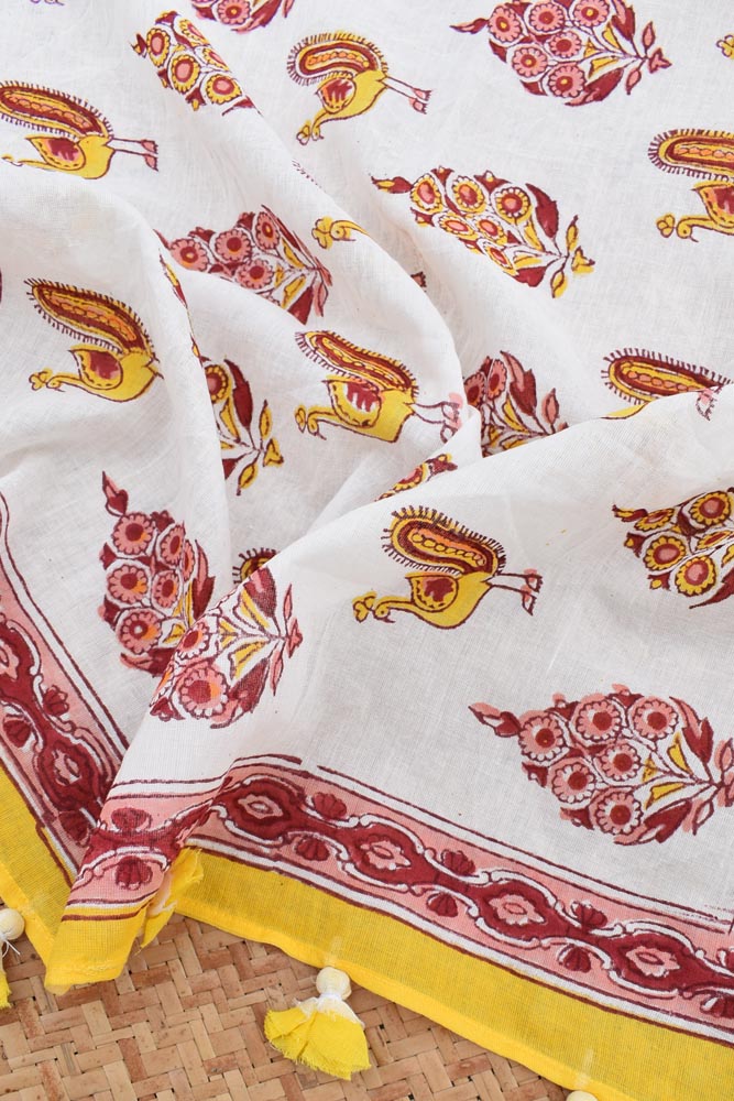 Elegant Hand block printed Cotton stole with cloth tassels