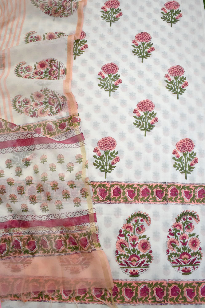 Designer Hand Block Placement Print Cotton suit with Chanderi dupatta and panel design