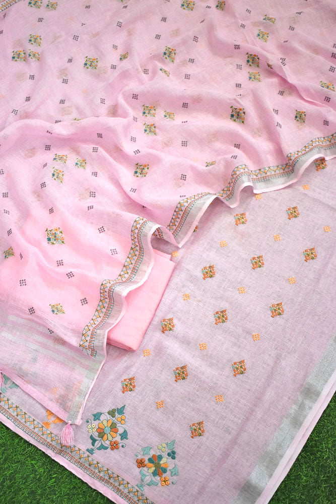 Beautiful Pure Linen suit with intricate embroidery on the kurta & dupatta and cotton silk bottom