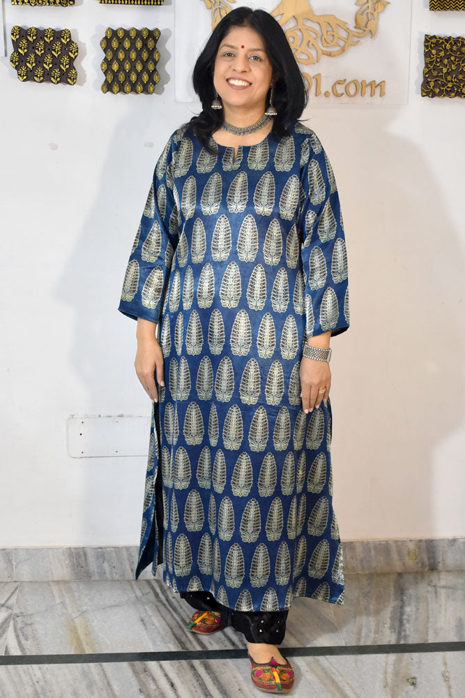 Beautiful Mashru Silk Kurta with Ajrakh block print  - Size 38 - 48