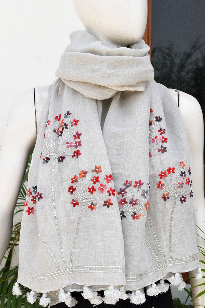 Beautiful Linen Stole with hand embroidery, embellishments & tassels
