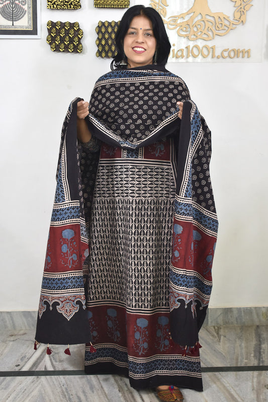 Block Print Ajrakh Cotton Suit with designer Ajrakh neck yoke /panel & Dupatta
