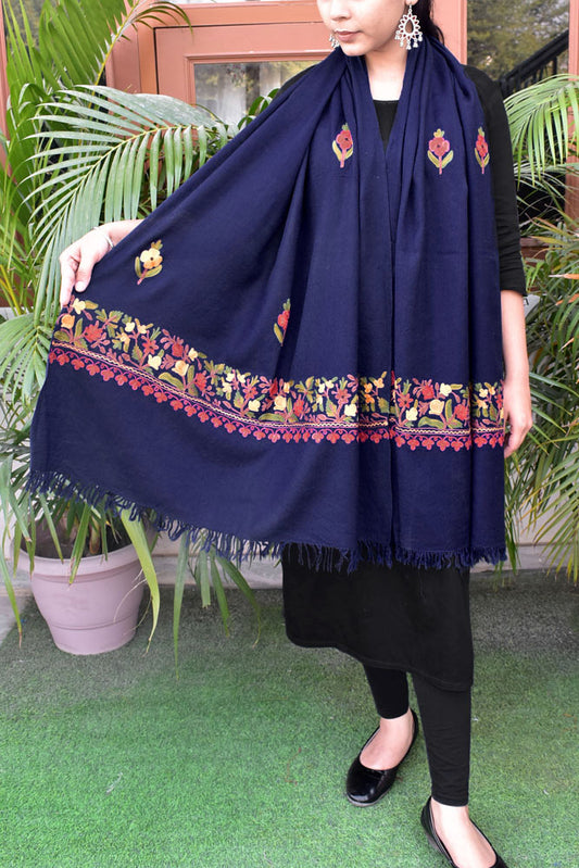 Elegant, Fine & Soft Semi Pashmina Woolen Stole with Aari work Embroidery