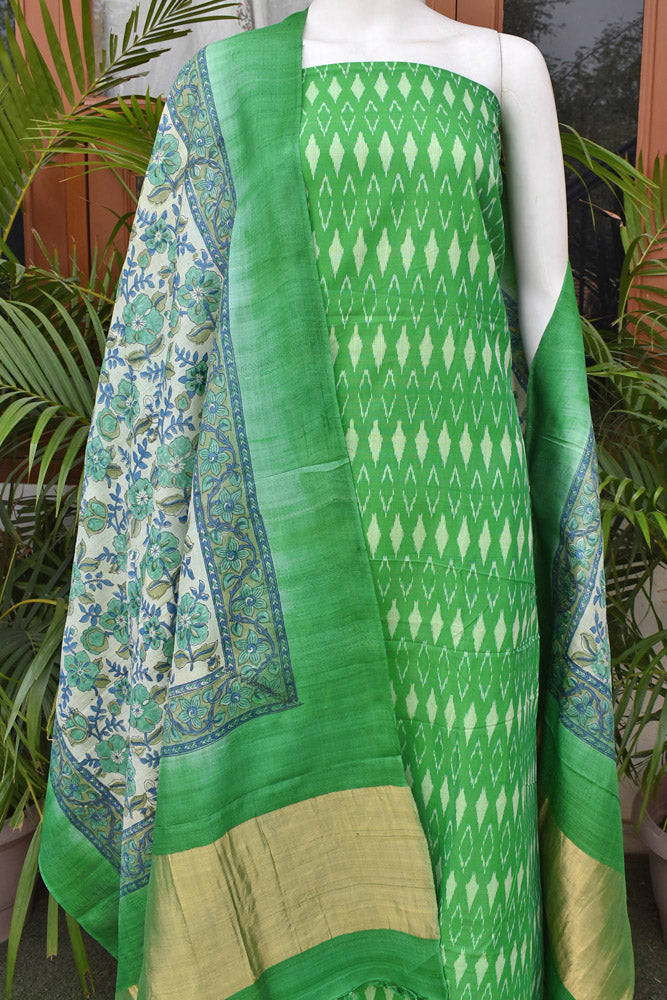 Elegant Hand Block Printed Tussar Silk dupatta with Mercerized Ikkat Kurta fabric