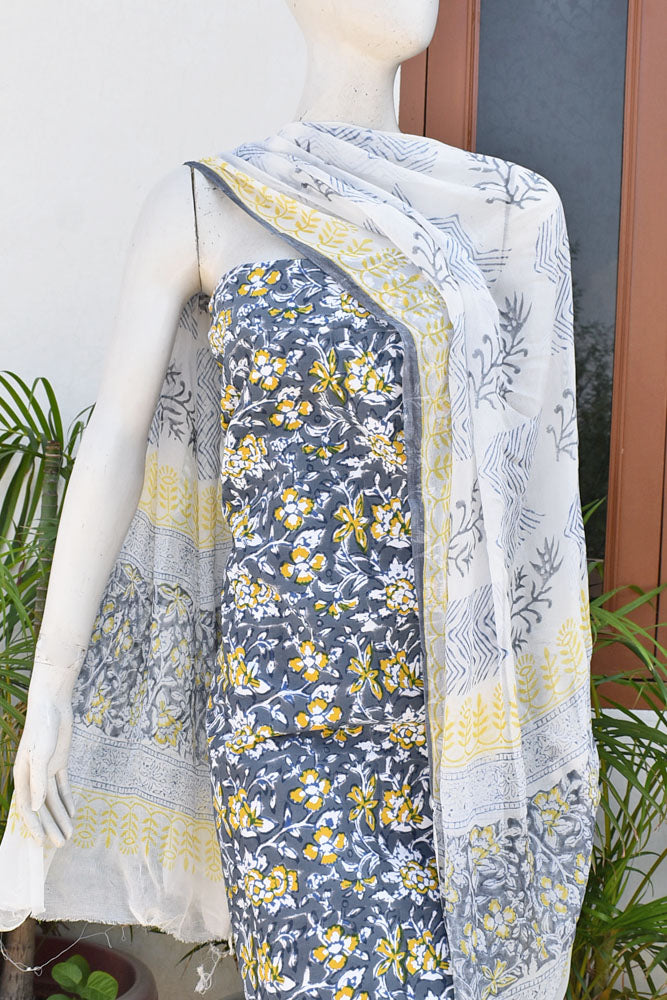 Hand Block Printed Cotton unstitched suit fabric with Chiffon dupatta