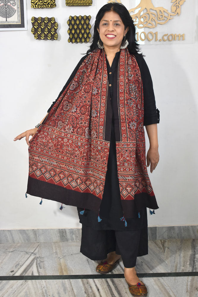 Ajrakh Hand Block Printed Khadi Cotton Stole with Tassels & natural dyes