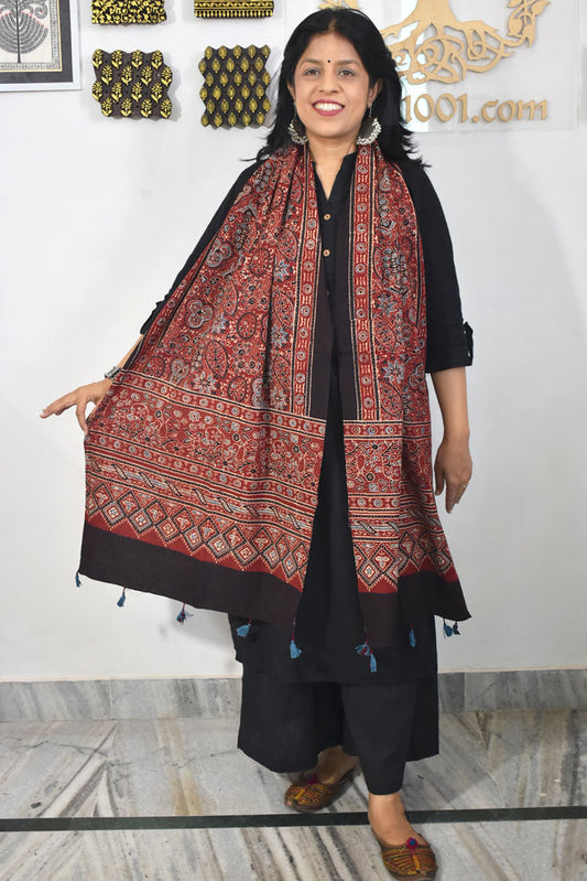 Ajrakh Hand Block Printed Khadi Cotton Stole with Tassels & natural dyes