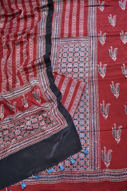 Designer Ajrakh Mashru Silk Unstitched suit with  panel / yoke design- 3 piece set