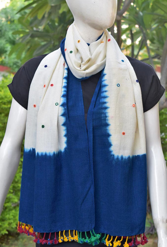 Hand woven Kutch Merino Wool Stole with Mirror work and tassels