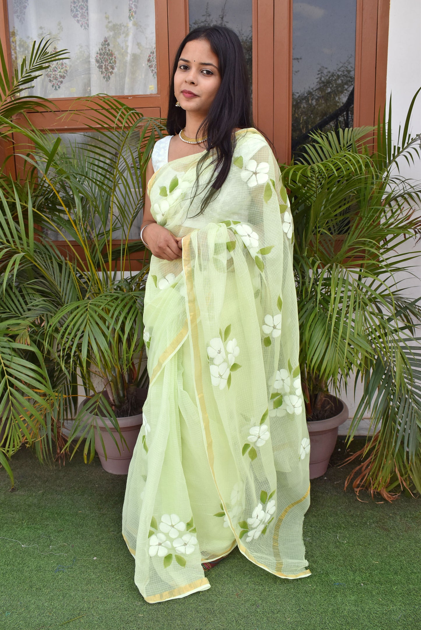 Prakriti : Beautiful Kota Doria Saree with Hand Painted Floral Motifs - Pista Green Color