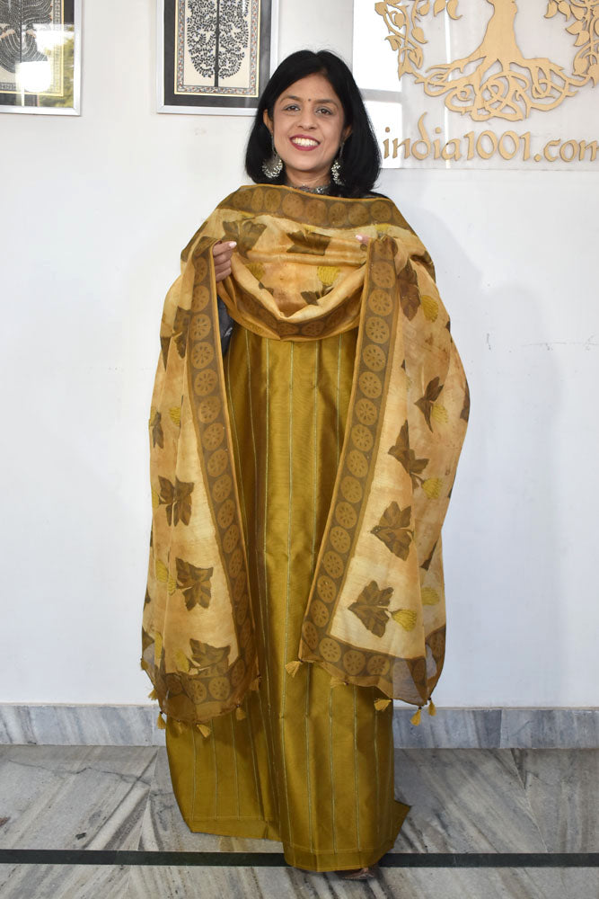 Elegant Chanderi & Cotton Unstitched Suit with Vanaspati Ajrakh  Block print dupatta