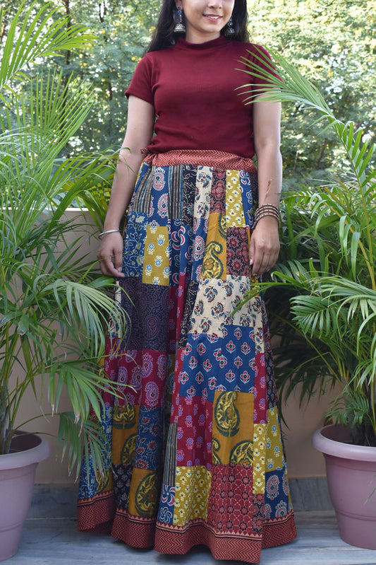 Beautiful Ajrakh Hand Block Printed Patch Work Cotton Long Skirt with Stitched borders