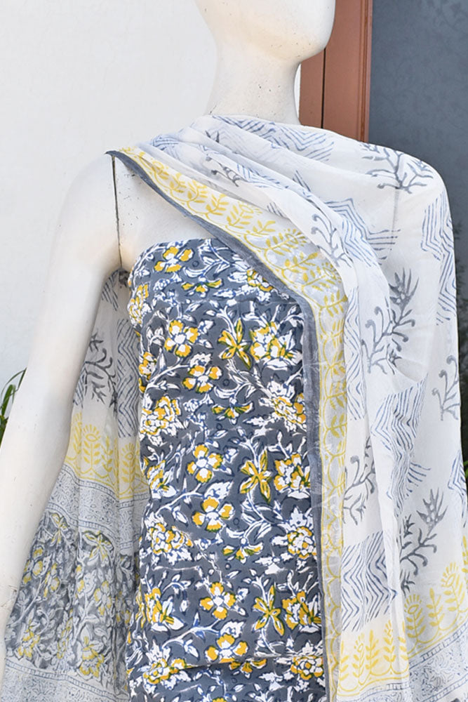 Hand Block Printed Cotton unstitched suit fabric with Chiffon dupatta