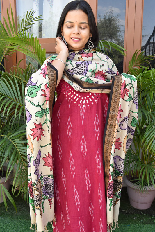 Handwoven Ikkat Cotton Kurta fabric with Kutch Mirror work & Kalamkari Cotton dupatta