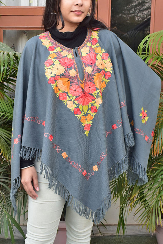 Woollen Poncho / Cape with Intricate Aari Thread Embroidery - Free Size