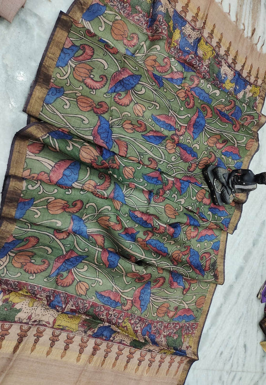 Earthy Hand Painted Kalamkari Desi Tussar Silk Dupatta