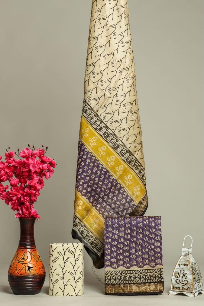 Beautiful Hand Block Printed  Maheshwari Silk Cotton Unstitched suit fabric - 3 pc set