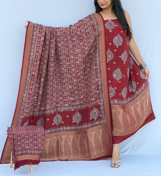 Designer Ajrakh Dola silk suit with woven bootis & borders - 3 pc suit