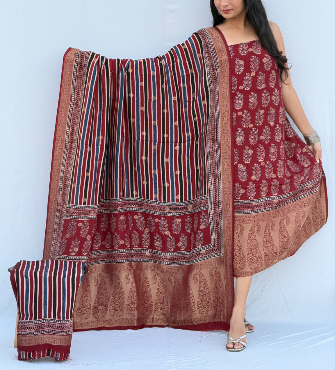 Designer Ajrakh Dola silk suit with woven bootis & borders - 3 pc suit