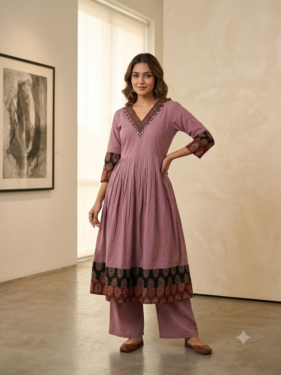 Designer Hand Block Printed cotton Kurta With Mirror Work - Size 38 to 48 ( all sizes)