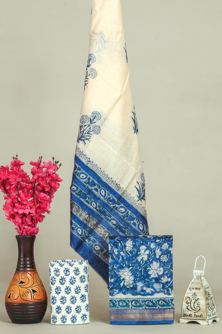 Beautiful Hand Block Printed  Maheshwari Silk Cotton Unstitched suit fabric - 3 pc set