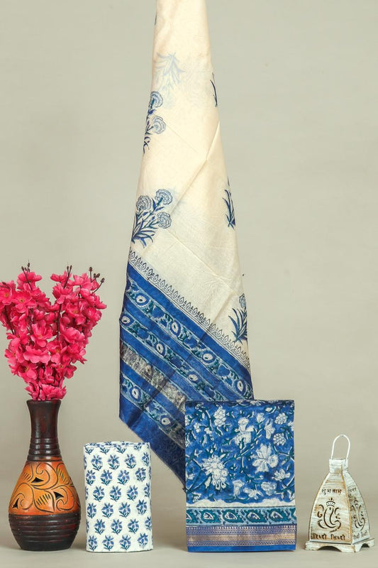 Beautiful Hand Block Printed  Maheshwari Silk Cotton Unstitched suit fabric - 3 pc set